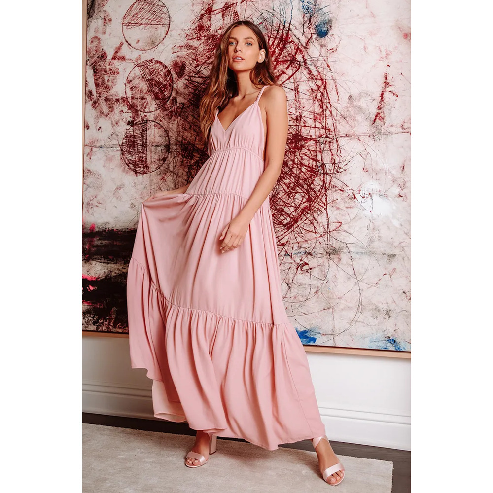 NEW Lulus Size Medium Sunshine Bound Mauve Pink Teired Maxi Dress